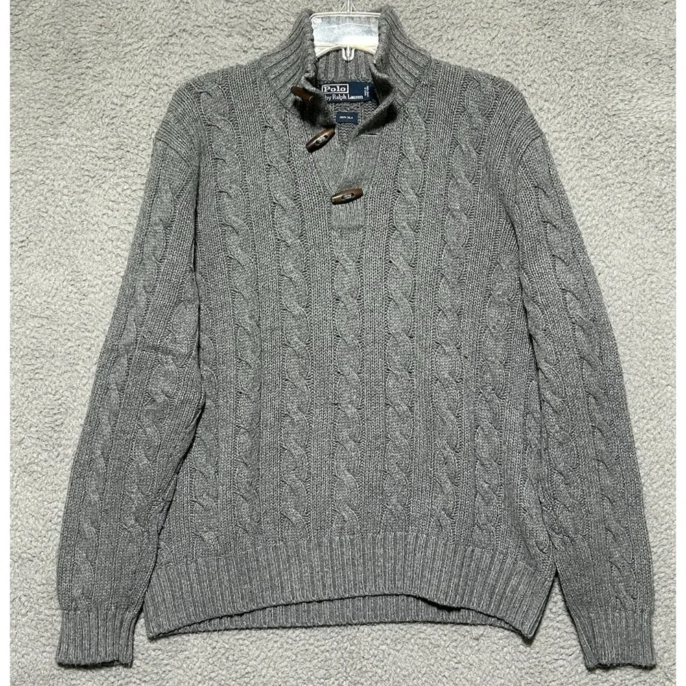 Vintage Polo Ralph Lauren Sweater‎ Mens L Silk Cable Knit Mock Neck Toggle 90s